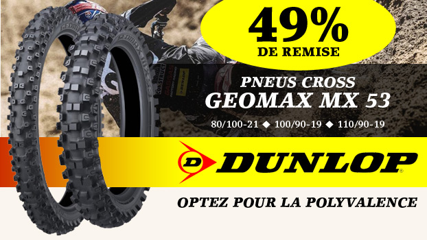 49% de remise sur les pneus cross Dunlop Geomax MX 53 80/100-21, 100/90-19 ou 110/90-19
