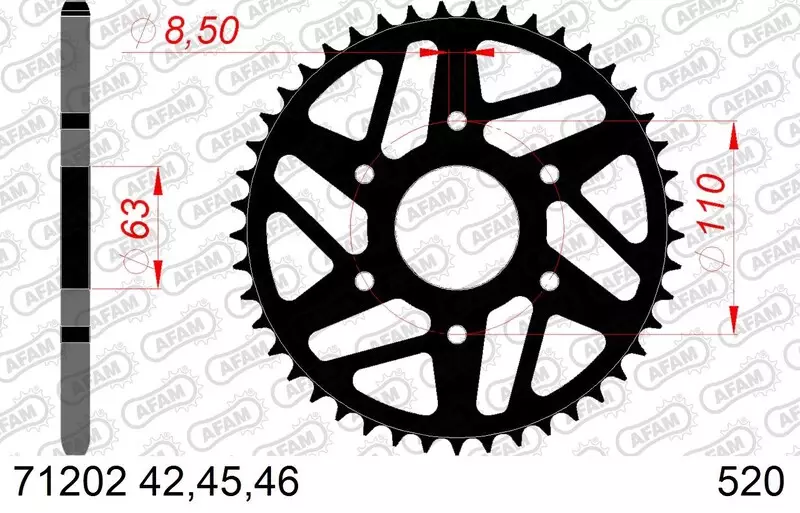 Couronne trail AFAM acier standard 520 pas 45 dents couleur noir KTM 390 ADVENTURE